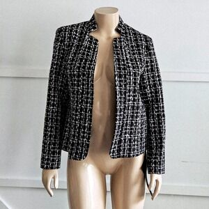 Mina Self Black White Box Tweed Open Front Blazer Stand Collar Jacket Sz M NEW